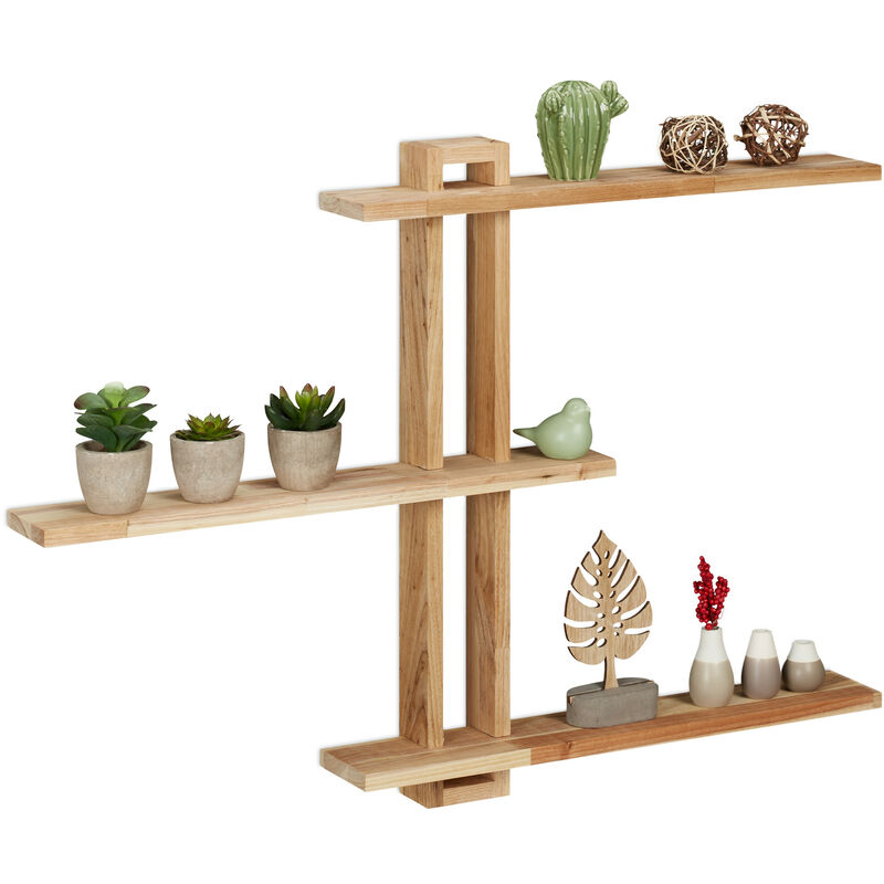 Tagère murale, bois de noyer, HxLxP: 56x80x9 cm, décoration murale, rangement rustique avec 3 niveaux, nature - Relaxdays