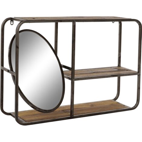 Etagère murale bois et métal avec miroir pour déco - Marron foncé et noir élégant