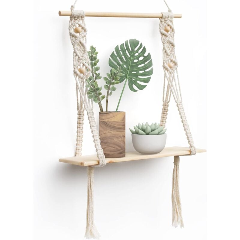 Etagere Murale Bois Macramé Boheme Deco Plantes Simple Houppe Manuel Tissé Chambre Salon wc Etagere Suspendue Corde - Ahlsen