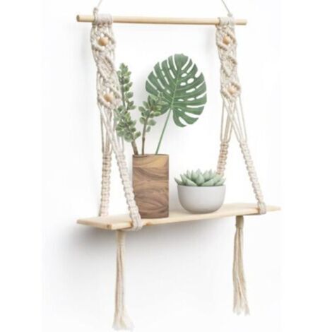 Etagere Murale Bois Macramé Boheme Deco Plantes Simple Houppe Manuel Tissé Chambre Salon WC Etagere Suspendue Corde