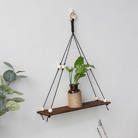 Etagere Murale Bois Macramé Boheme Deco Plantes Simple Houppe Manuel Tissé Chambre Salon WC Etagere Suspendue Corde