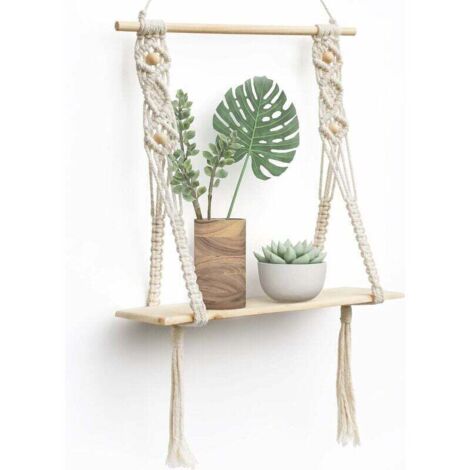 Etagere Murale Bois Macramé Boheme Deco Plantes Simple Houppe Manuel Tissé Chambre Salon WC Etagere Suspendue Corde -INHHUB