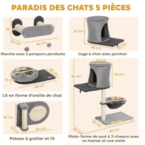 Étagère murale chat kit 5 pièces, arbre mural, 2 niches hamac, griffoir sisal gris