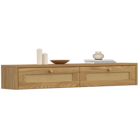 IDMARKET Etagère murale console d'entrée HANAE 2 tiroirs effet naturel cannage