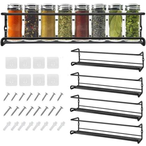 Étagère Murale - Cuisine - Lot de 4 - Métal Noir - 29x6x6,5 cm - Sans Perçage
