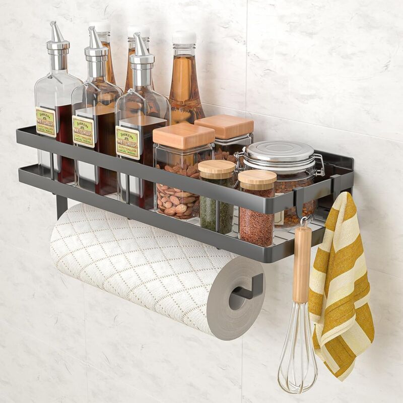 Etagere Murale Cuisine, Rangement Epices Cuisine avec 4 Crochets et Porte-Rouleau de Cuisine, étagère Murale sans Percer pour Épices, Canettes, Pots,
