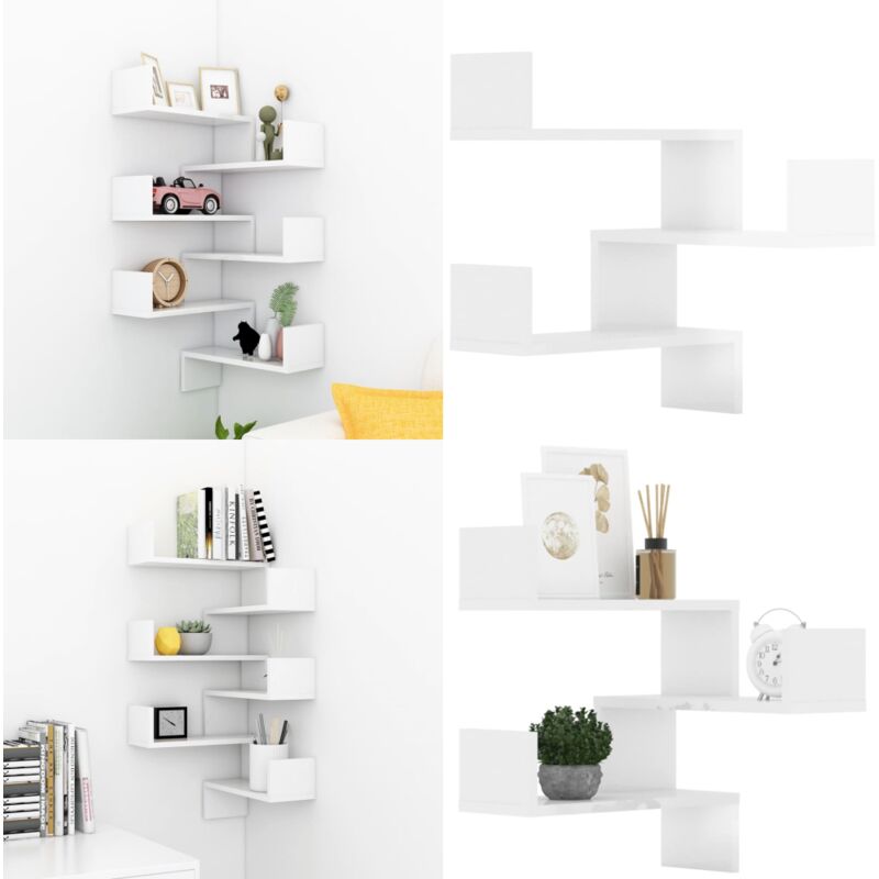 Tagères murales d'angle 2 pcs Blanc brillant Bois d'ingénierie - Etagere Murale - Étagère D'angle - Rangement Mural - Décoration Murale - Meuble