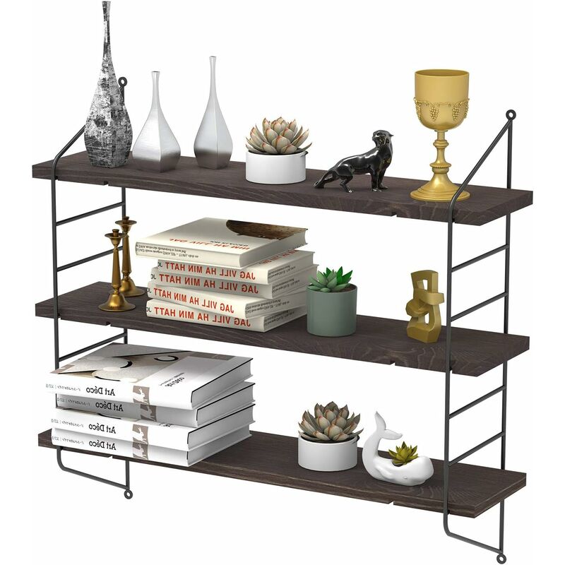 Unho - Etagère Murale de Rangement Industriel en Bois et Métal 58x15x54.5cm - Étagère Flottante pour Maison Chambre Cuisine - Marron Foncé