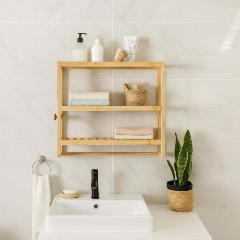 Etagere murale de salle de bain avec porte serviettes et crochets