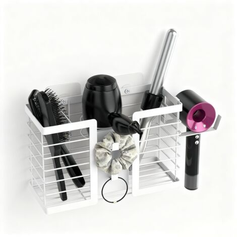 Étagère murale de salle de bain en métal, support 3 en 1 pour fers à friser, lisseurs et sèche-cheveux (Blanc)