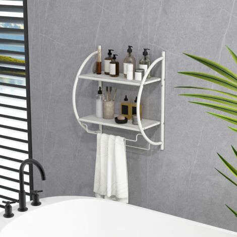 Etagère Murale de Salle de Bain Porte-serviettes avec 2 Tablettes et 2 Barres en Métal Chromé 45x25,5x55cm Blanc