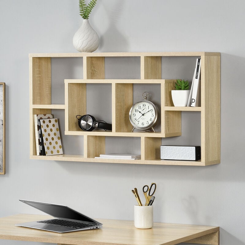 [en.casa] - tagère Murale Design avec 8 Surfaces de Stockage Effet Hêtre 85 x 47,5 x 16 cm