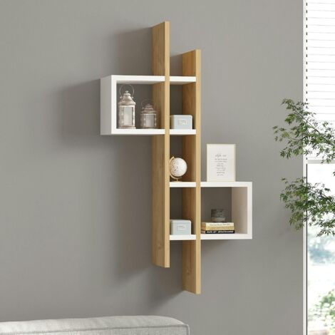 Etagère murale design bicolore, effet chêne et blanc MARFA