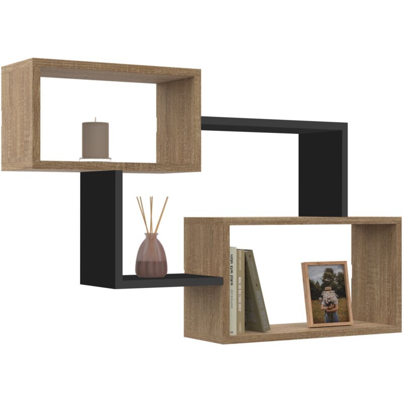 Idmarket – Étagère murale double position – Bois façon hêtre et noir – 3 compartiments – Fixation murale incluse – Dimensions 85x16x54cm