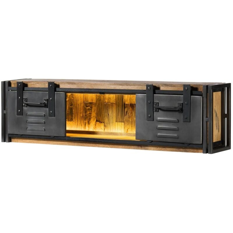 Massivmoebel24.de - tagère murale en bois de Manguier / Bois de récupération 130x25x35 naturel laqué / métal gris blackburn lux 560