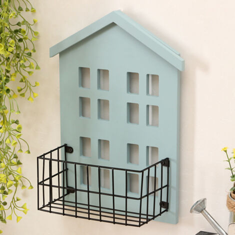 Étagère murale en bois fait main, forme de maison, pour chambre et salon, bleu clair
