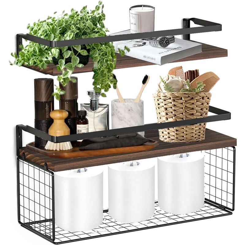 Choyclit - tagère murale en bois, lot de 2, étagère flottante avec panier métallique, étagères flottantes robustes, étagère murale, pour salon,