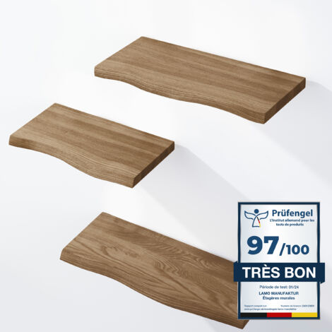 Étagère murale en bois massif 3 étagères 42/36/30cm – Fixation invisible – Bord irrégulier – Couleur foncé – Pour salon et rangement – Lamo Manufaktur