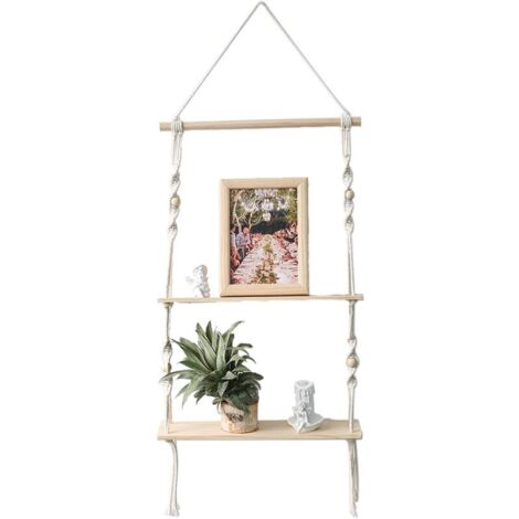 Étagère murale en macramé double niveau avec planches en bois – Décoration suspendue