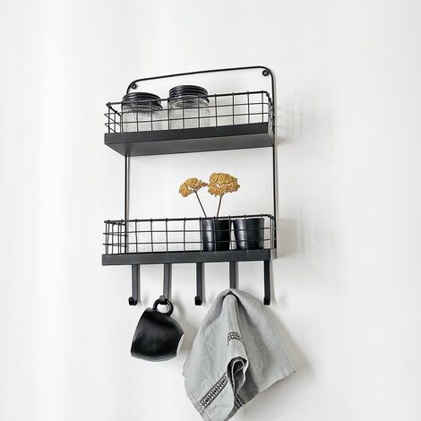 Etagère murale en métal grillagé noir mat 2 niveaux et crochets - Nero