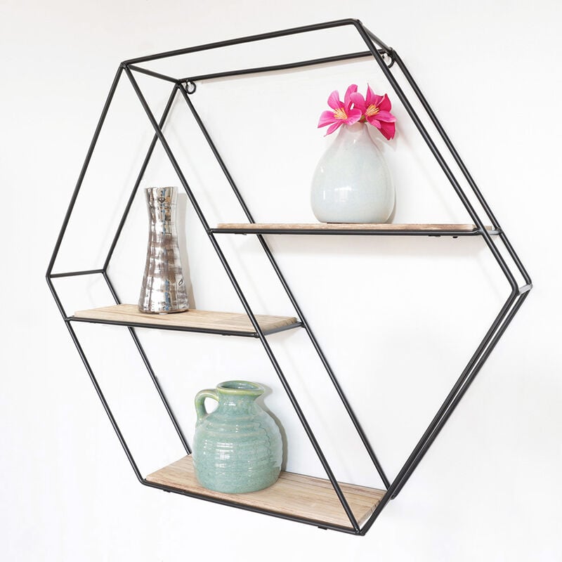 Vivol - Etagère murale en métal noir avec 3 tablettes en bois - Hexagonale diagonale