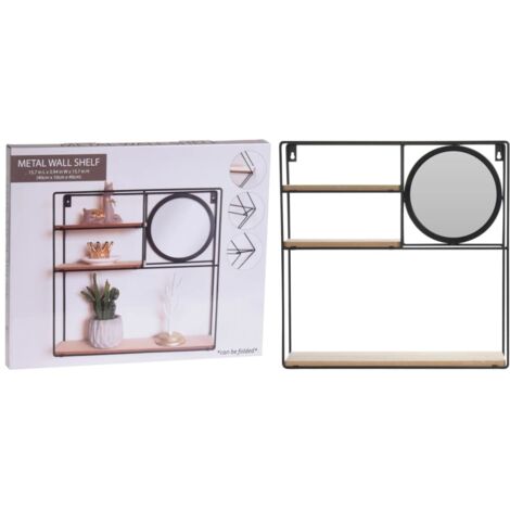 Étagère Murale en Métal Noir et Bois avec Miroir - 40x40x10cm