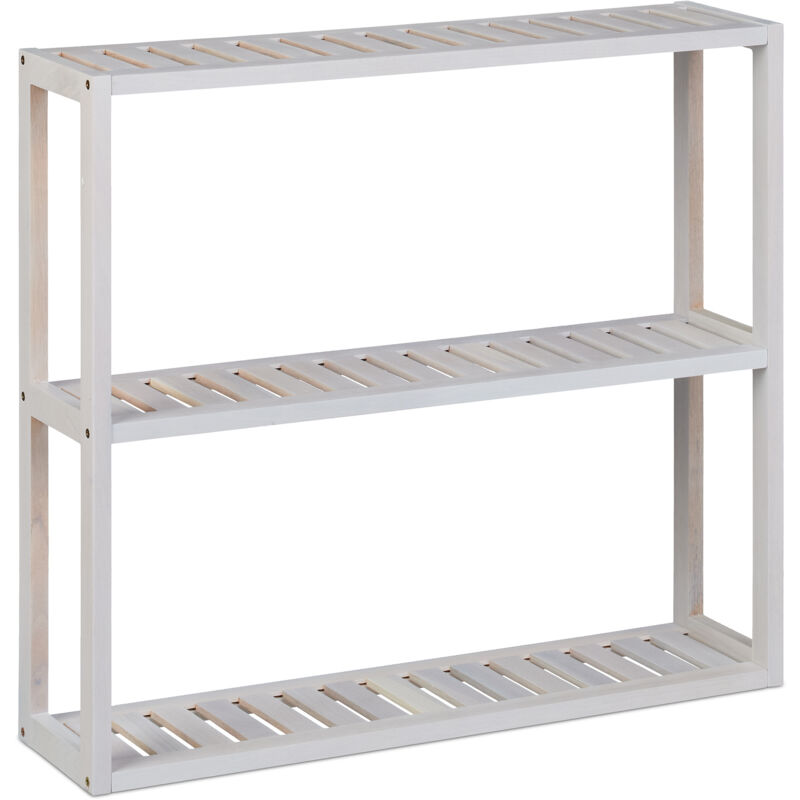 Relaxdays - tagère murale en noyer, 3 niveaux, h x l x p : 54 x 60 x 15 cm, rangement en bois pour salle de bain, blanc