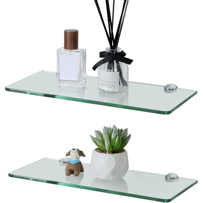 Étagère Murale en Verre Tablette Salle de Bain, Étagère de Douche en Verre Transparent Trempé de 6mm Épaisseur et Chromé Poli Supports, 2 Pcs