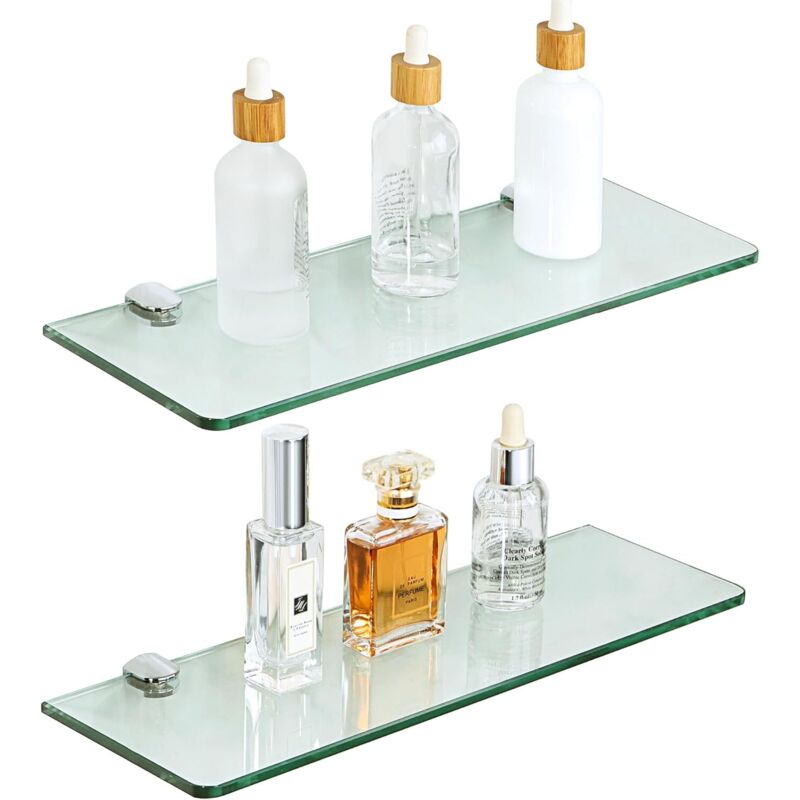 Étagère Murale en Verre Tablette Salle de Bain, Étagère de Douche en Verre Transparent Trempé de 7mm Épaisseur et Chromé Poli Supports, 2 Pcs