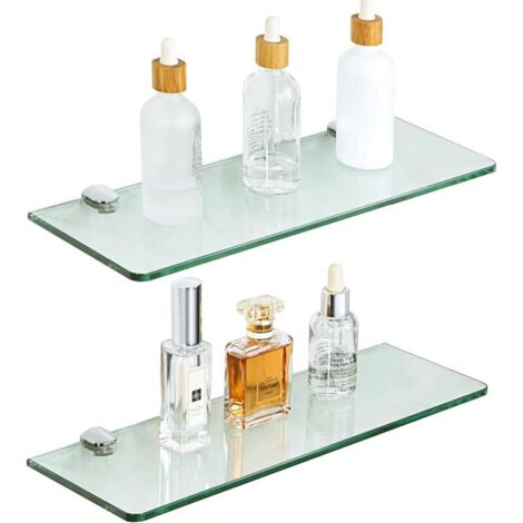 Étagère Murale en Verre Tablette Salle de Bain, Étagère de Douche en Verre Transparent Trempé de 7mm Épaisseur et Chromé Poli Supports, 2 Pcs Longueur 38cm, EGBL1012R-C-2P