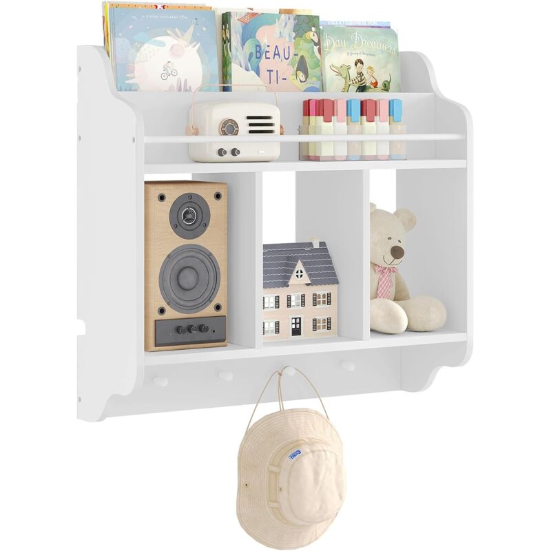 Woltu - tagère Murale Enfant, Bibliothèque Murale Bibliothèque Enfant, Étagère Livre Enfant avec 3 Compartiments Ouverts, 2 Étagères, 4 Crochets, en