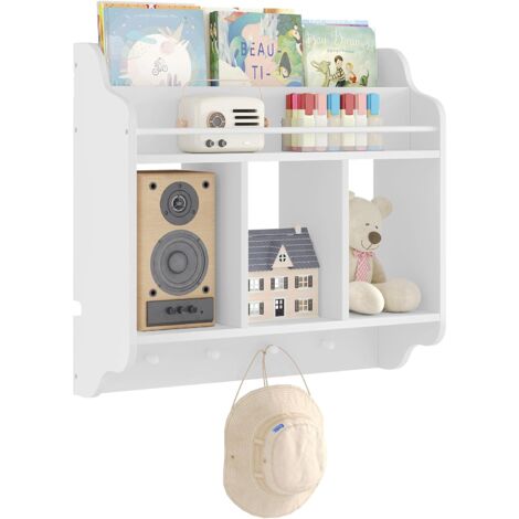 Étagère Murale Enfant, Bibliothèque Murale WOLTU, Bibliothèque Enfant, Étagère Livre Enfant avec 3 Compartiments Ouverts, 2 Étagères, 4 Crochets, en MDF et Bois Massif, Blanc