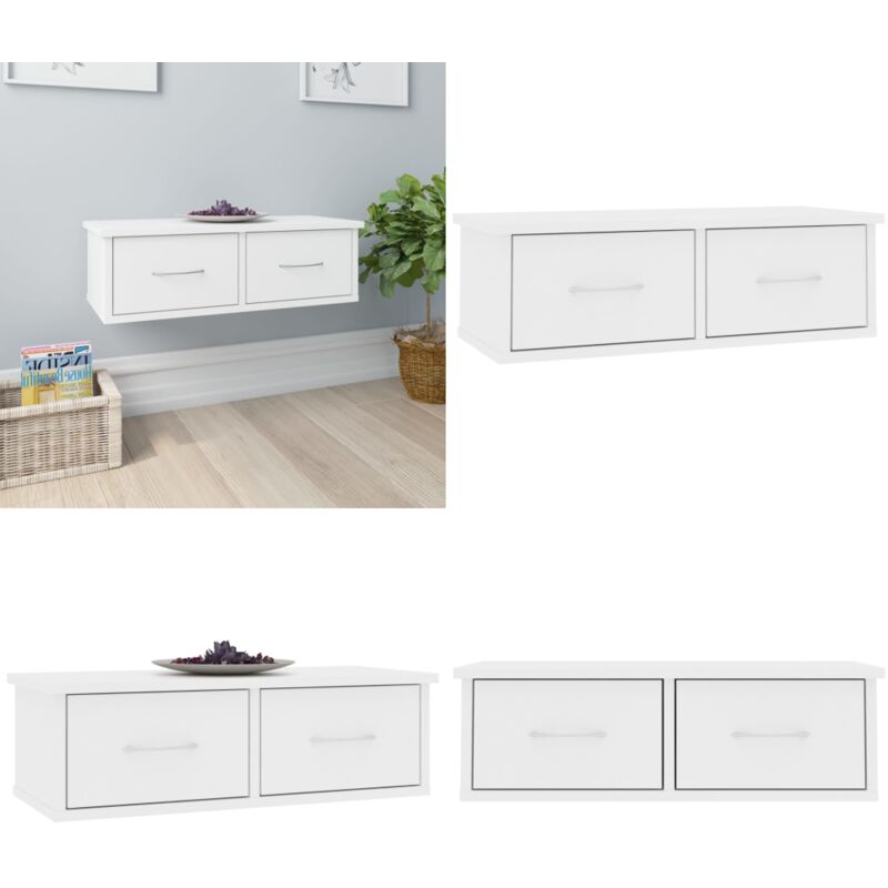 Tagère murale et tiroirs Blanc 60x26x18,5 cm Bois d'ingénierie - Etagere Murale - Étagère Tiroir - Rangement Mural - Bibliothèque Murale - Déco