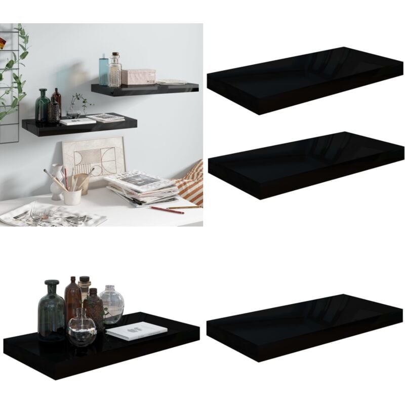 Tagère murale flottante 2 pcs Noir brillant 50x23x3,8 cm mdf - Étagère Murale - Étagère Flottante - Rangement Mural - Décoration Murale - Meuble Déco