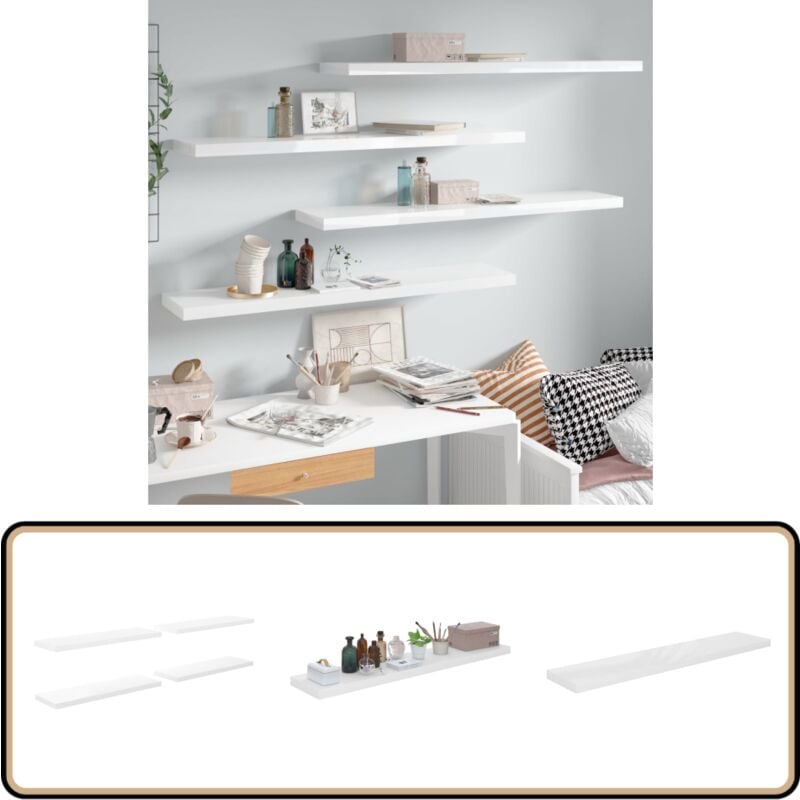Tagère murale flottante 4pcs Blanc brillant 120x23,5x3,8cm mdf - Étagère Murale - Étagères Murales - Étagère Flottante - Décoration Murale