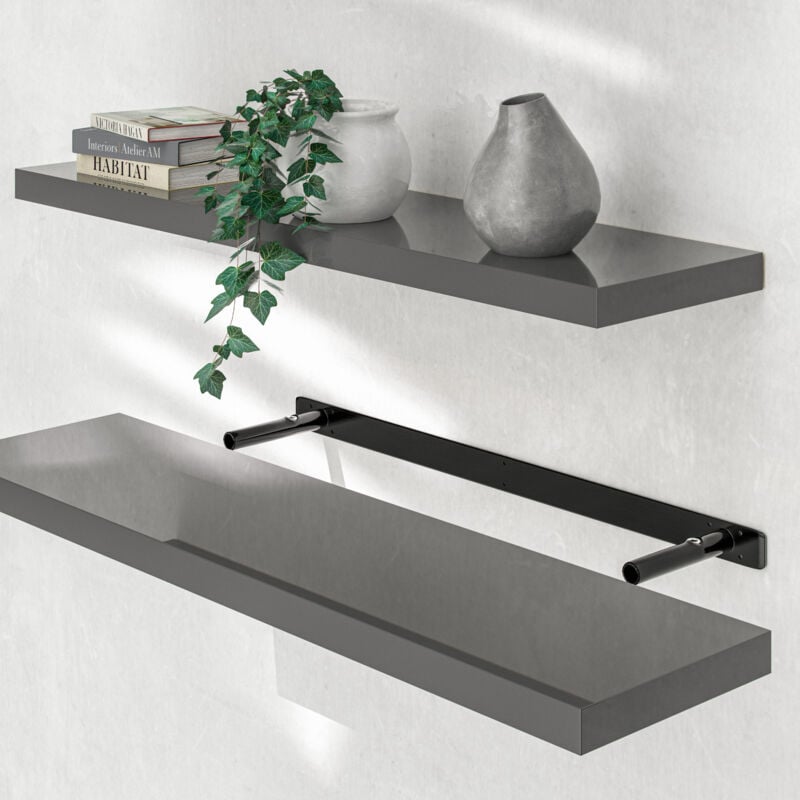 Casaria - tagère murale flottante mdf robuste effet flottant support de fixation inclus étagère bois rangement livre 90 cm Gris brillant