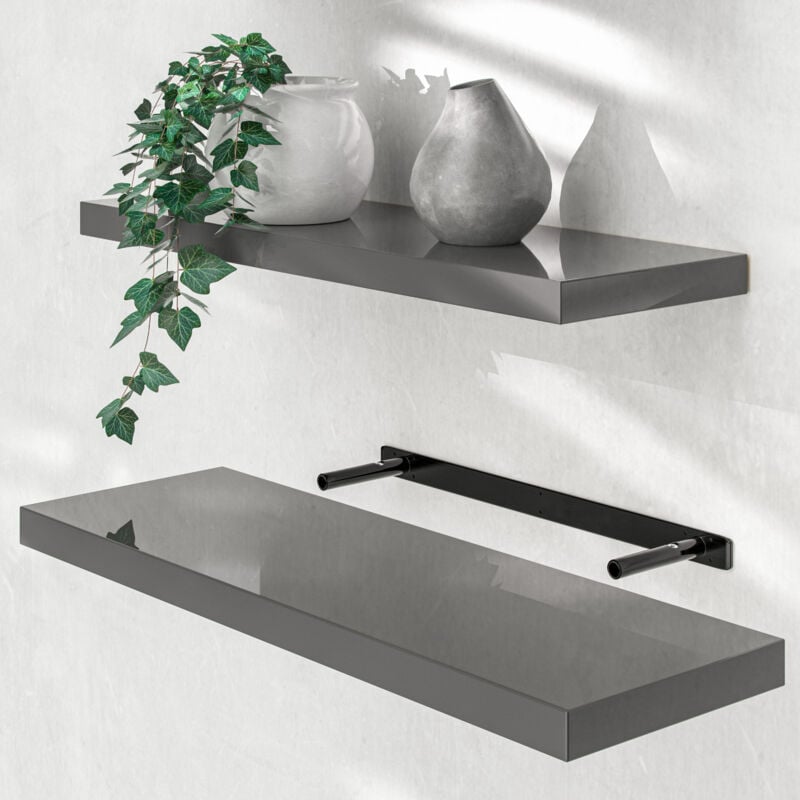 Tagère murale flottante mdf robuste effet flottant support de fixation inclus étagère bois rangement livre 70 cm Gris Brillant - Casaria