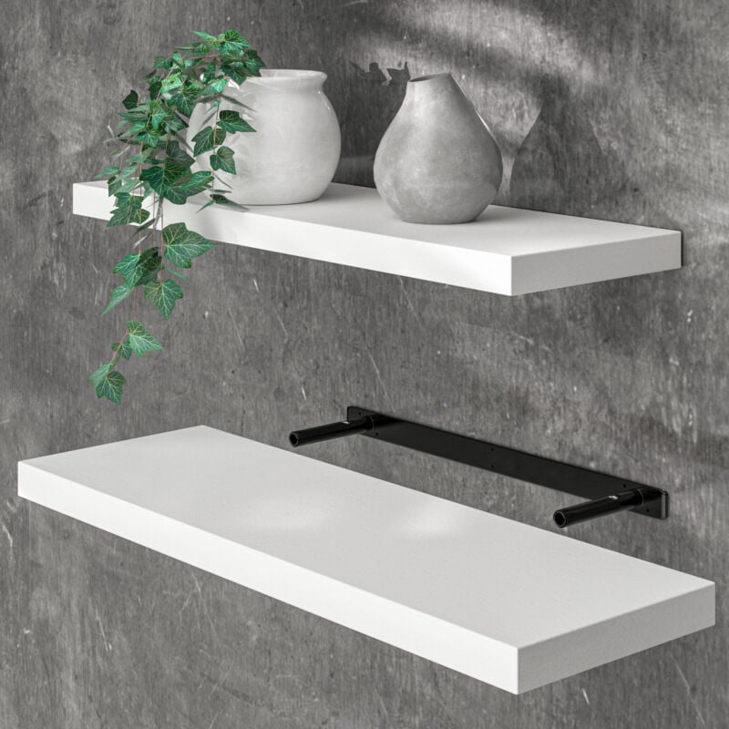 Tagère murale flottante mdf robuste effet flottant support de fixation inclus étagère bois rangement livre 70cm Blanc brillant - Casaria