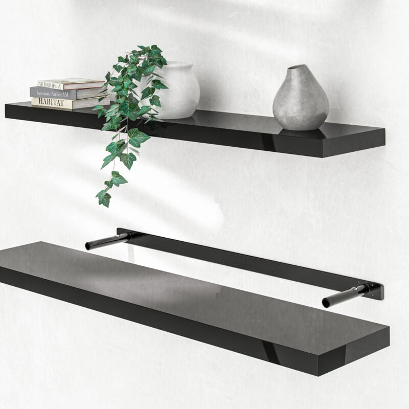 Tagère murale flottante mdf robuste effet flottant support de fixation inclus étagère bois rangement livre 110 cm Noir brillant - Casaria