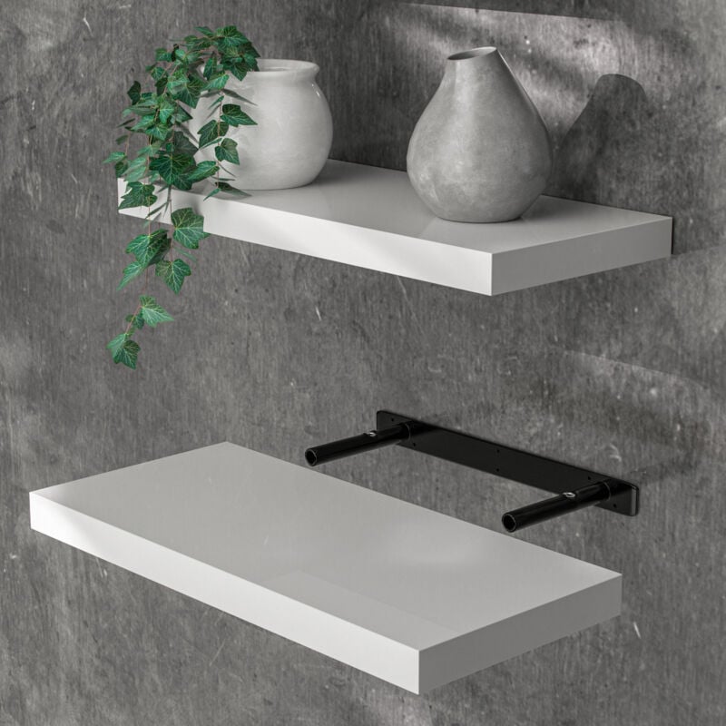 Tagère murale flottante mdf robuste effet flottant support de fixation inclus étagère bois rangement livre 50cm Blanc brillant - Casaria