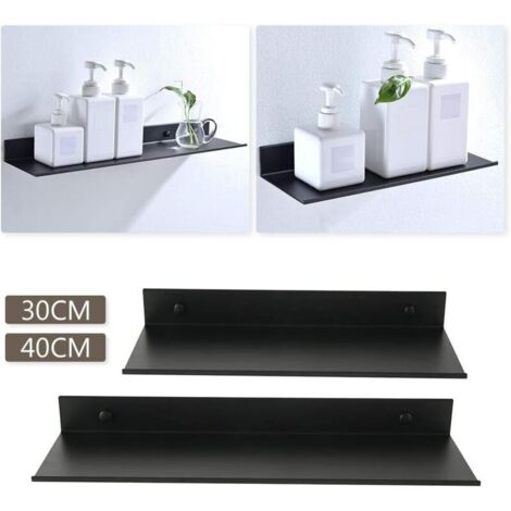Étagère Murale Flottante Salle de Bain Étagère Rectangulaire en Aluminium Mat Tablette Murale Robuste Ultra-Mince Support de Rangement Mural Élégant pour Cosmétiques Noir (30cm)