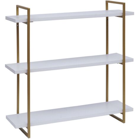 Etagère murale HHG-631, étagère suspendue, 3 étagères bois massif industriel 60x60x18cm, blanc, métal doré