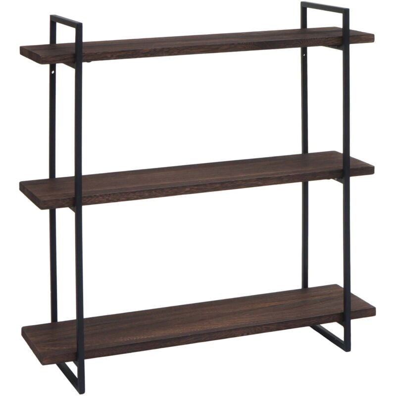 HHG - Etagère murale 631, étagère suspendue Schweberegal, 3 étagères en bois massif Industrial 60x60x18cm, brun foncé, métal noir