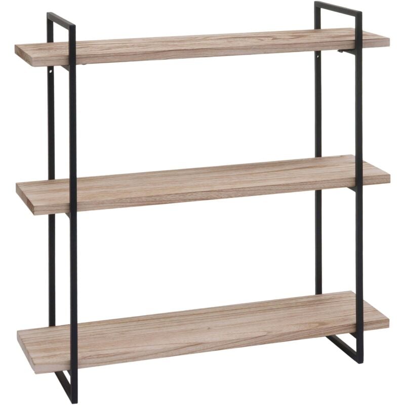 HHG - tagère murale 631, Étagère suspendue Schweberegal, 3 étagères Bois massif industriel 60x60x18cm, naturel, métal noir