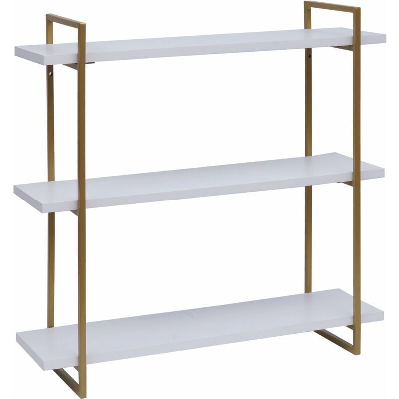 Étagère murale HHG-631, Étagère suspendue, 3 étagères Bois massif industriel 60x60x18cm, blanc, métal doré