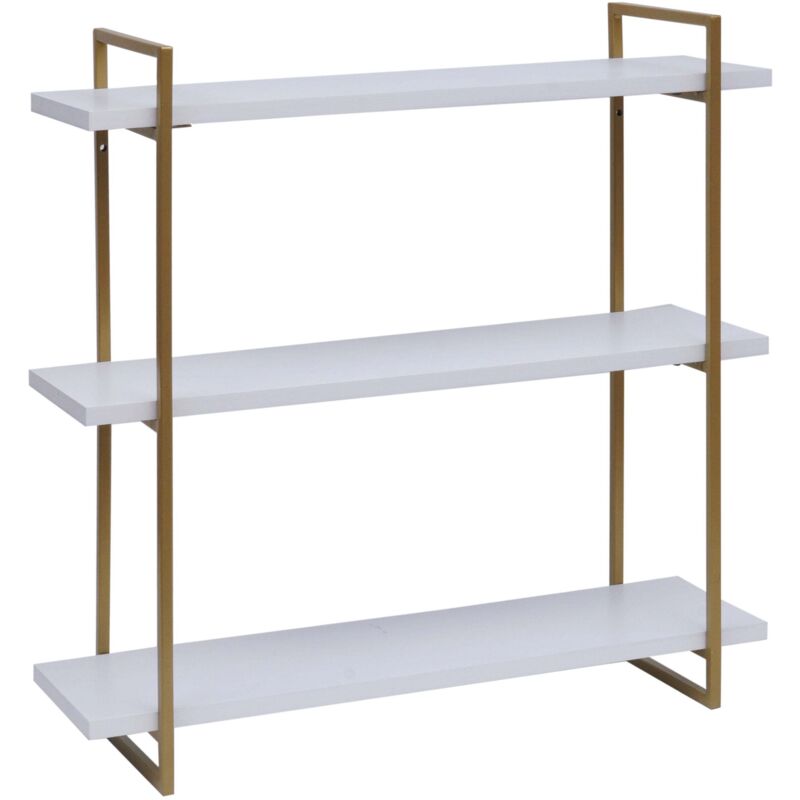 HHG - jamais utilisé] Etagère murale 631, étagère suspendue, 3 étagères bois massif industriel 60x60x18cm, blanc, métal doré
