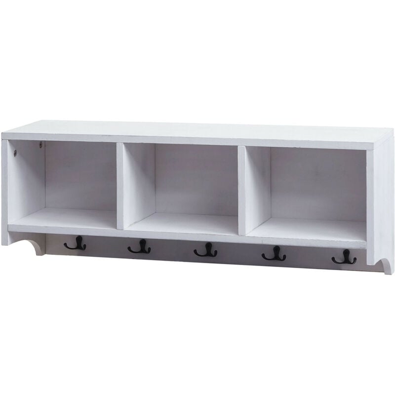 Étagère murale HWC-K49 - portemanteau mural Étagère - 3 compartiments de rangement 5 crochets 30x80x20cm bois - blanc - shabby