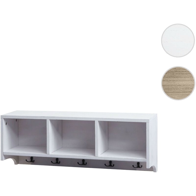 Mendler - tagère murale HWC-K49 - portemanteau mural Étagère - 3 compartiments de rangement 5 crochets 30x80x20cm bois - brun naturel