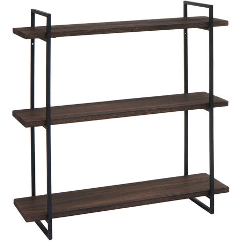 Etagère murale HWC-K78 - étagère suspendue Schweberegal - 3 étagères en bois massif Industrial 60x60x18cm - brun foncé - métal n