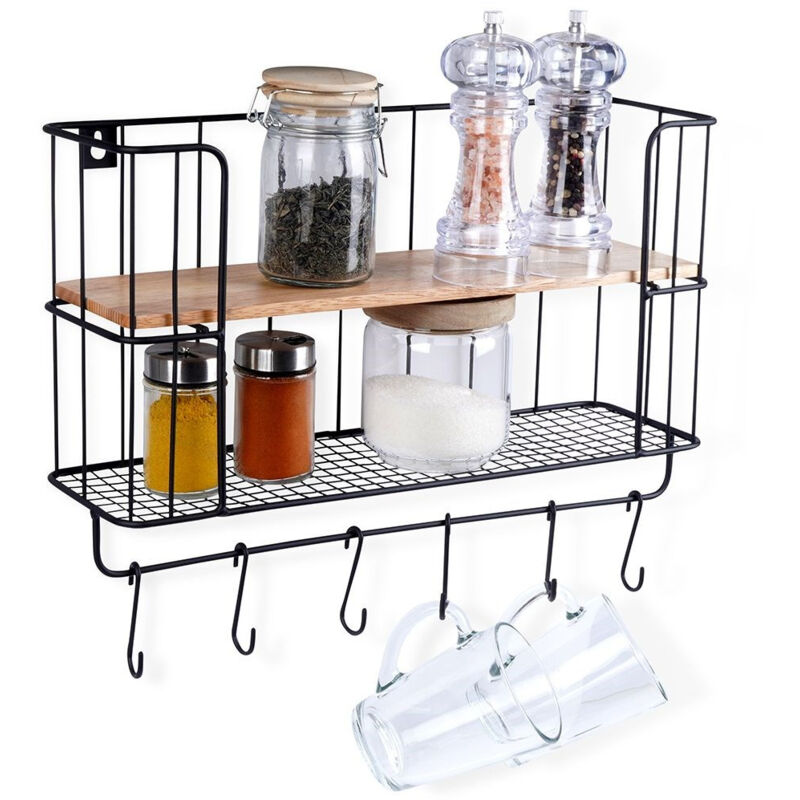 Industrial wall mounted shelf with hooks and wooden plate 8239339